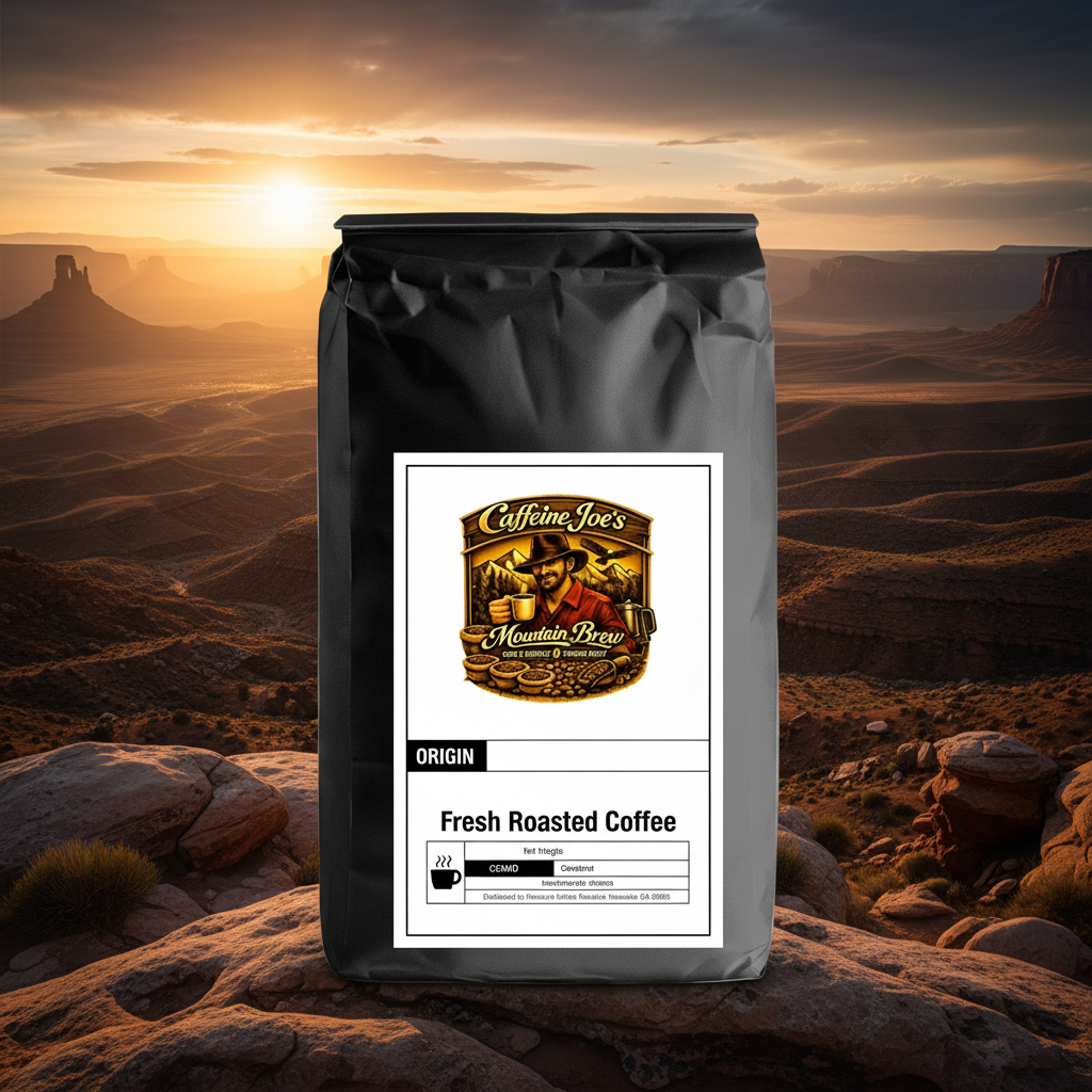 Cowboy Blend coffee bag against a rugged American West landscape