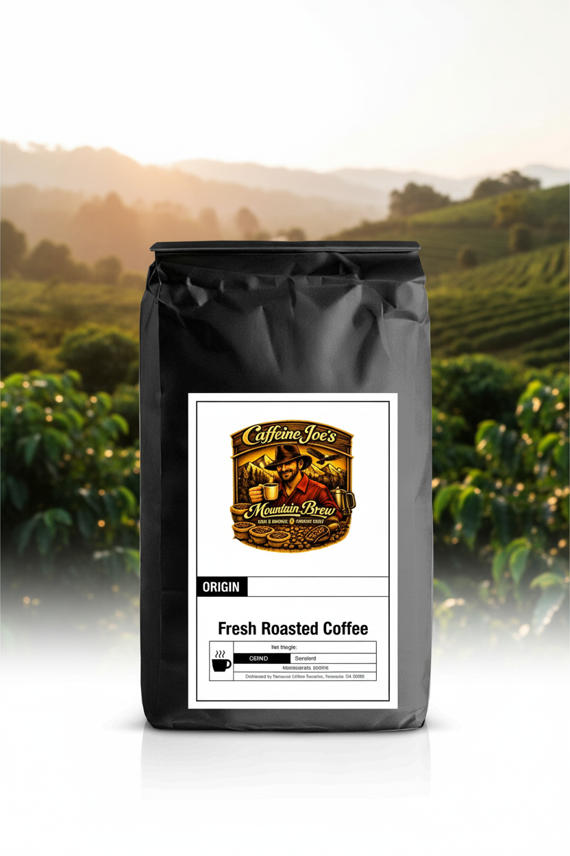 Cowboy Blend coffee bag against a rustic outdoor coffee farm setting