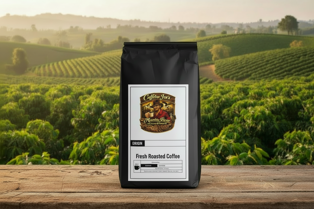 Cowboy Blend coffee bag straight-on view with coffee farm hills backdrop