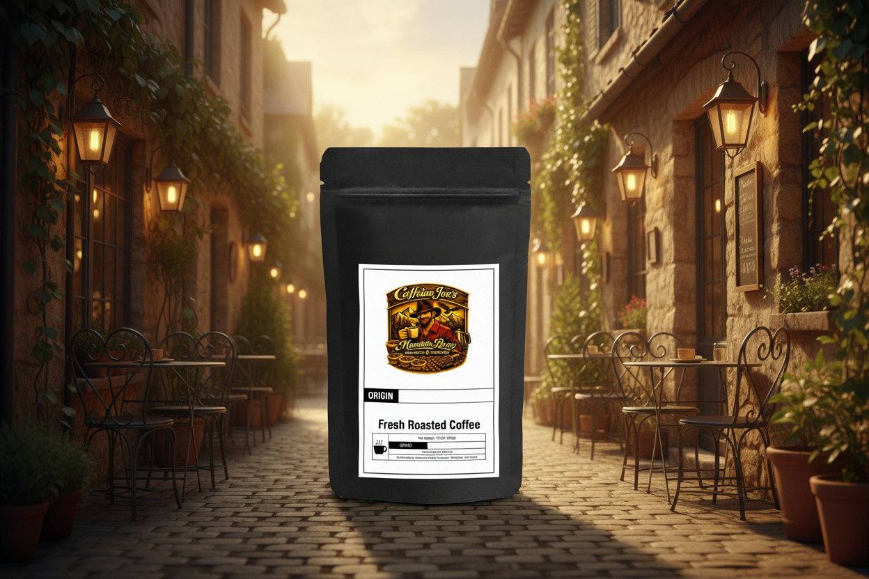 French Roast coffee bag against cozy French countryside café terrace at golden hour