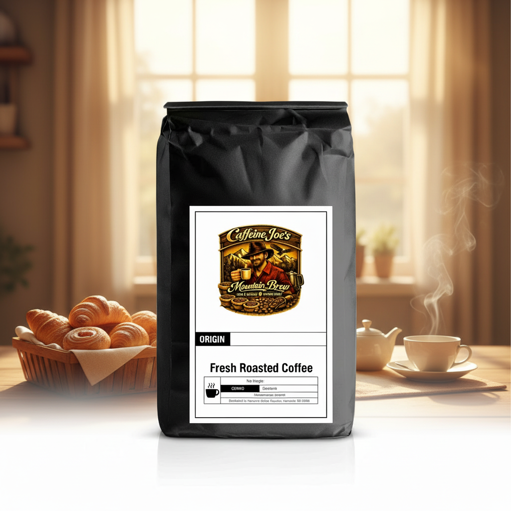 Breakfast Blend coffee bag in a warm cozy morning kitchen scene