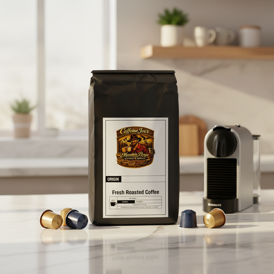 Bali Coffee Pods bag on kitchen counter with coffee capsules