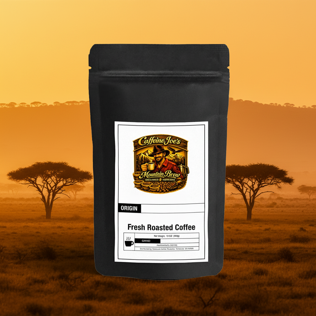 African Kahawa Blend coffee bag against an East African savanna at golden hour