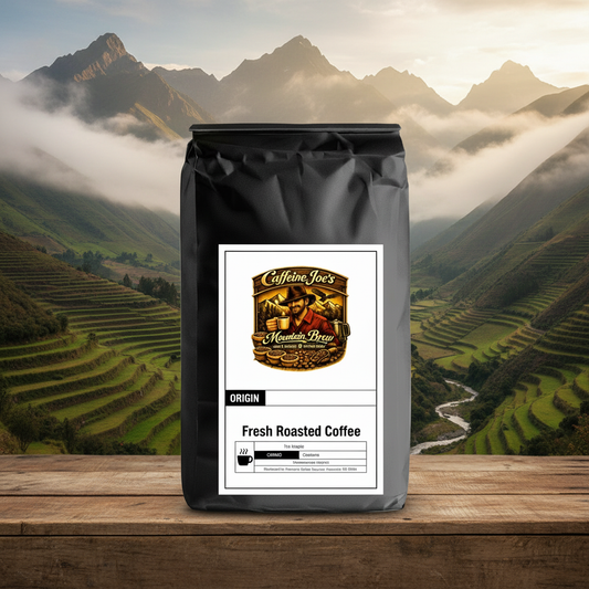 Peru Decaf coffee bag in a serene Peruvian Andean highland scene