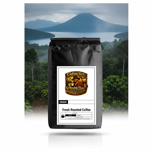 Sumatra coffee bag with Lake Toba rainforest highland backdrop