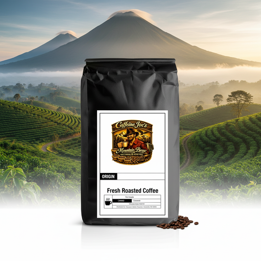 Guatemala coffee bag in a dramatic volcanic highland scene