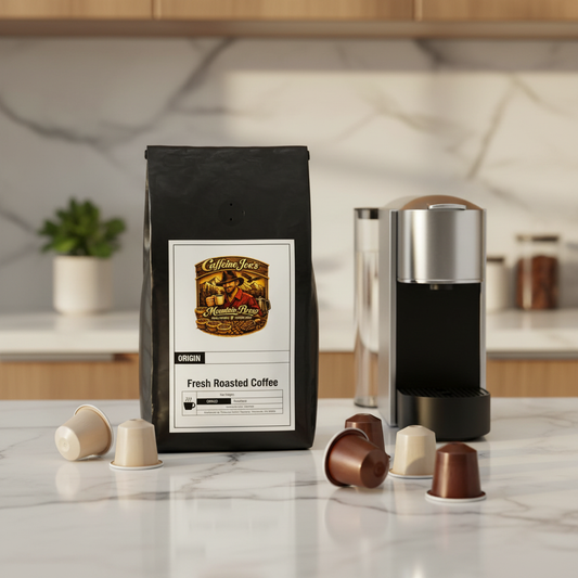 Mexico Coffee Pods bag on kitchen counter with coffee capsules
