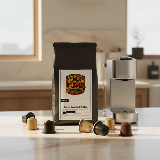 Peru Coffee Pods bag on kitchen counter with coffee capsules