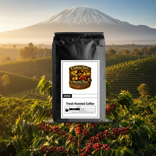 Tanzania coffee bag with Mount Kilimanjaro highland backdrop
