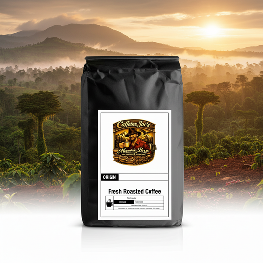 Uganda coffee bag in a lush Rwenzori mountain highland scene