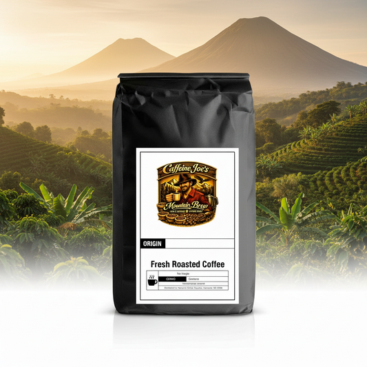 Nicaragua coffee bag in a lush volcanic highland scene