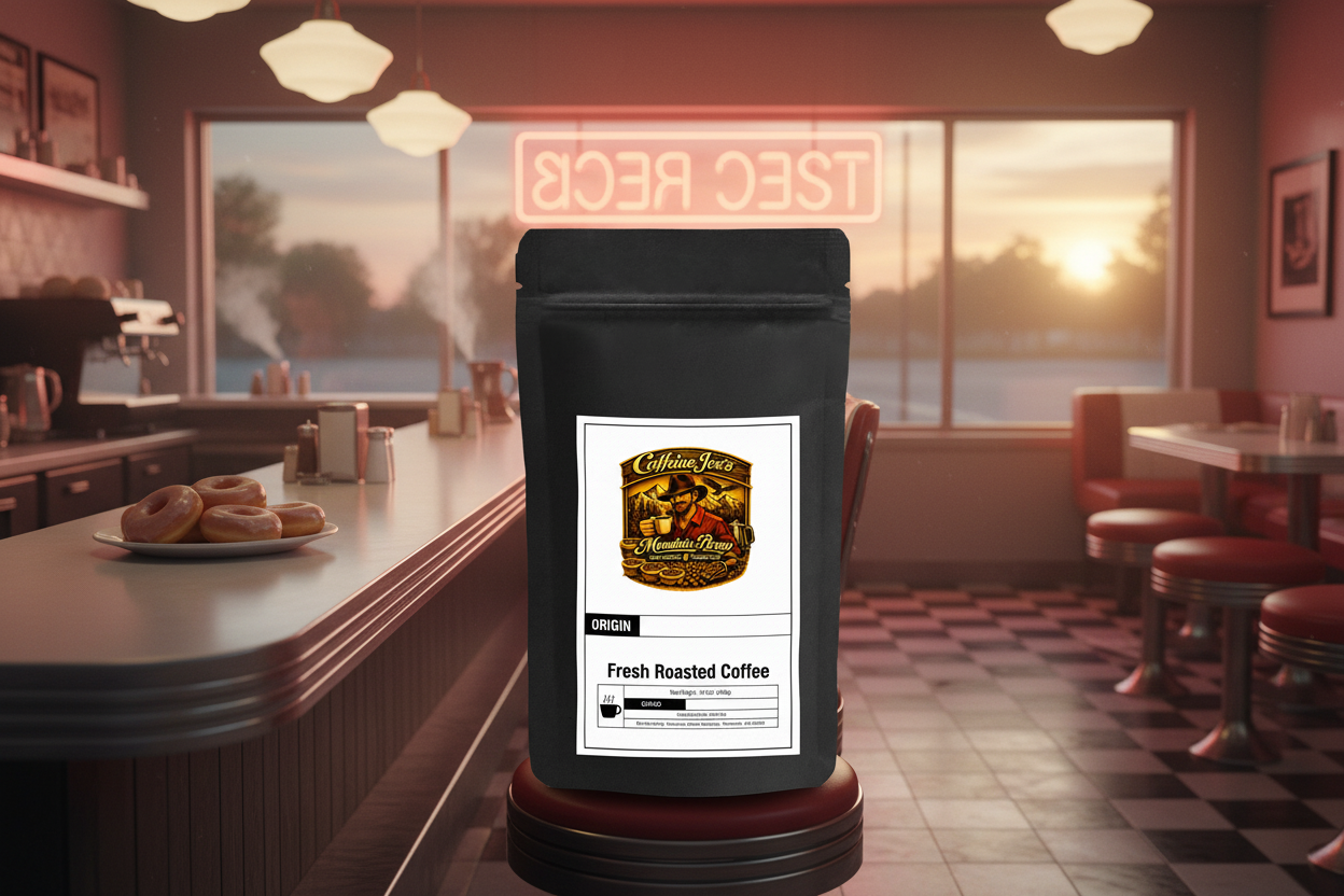 Gourmet Donut Shop coffee bag against charming American diner at dawn with glazed donuts