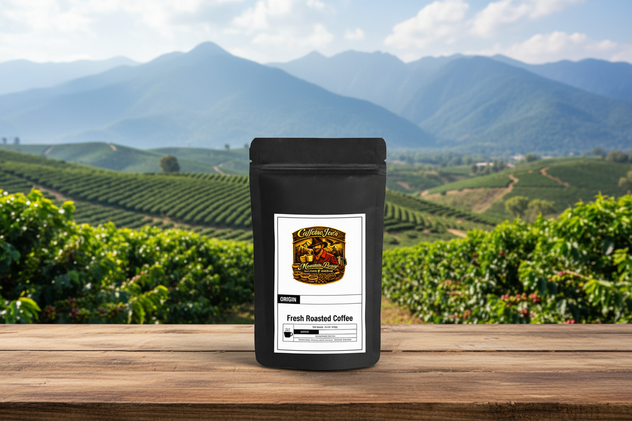 Latin American Blend coffee bag against a lush coffee farm with rolling hills