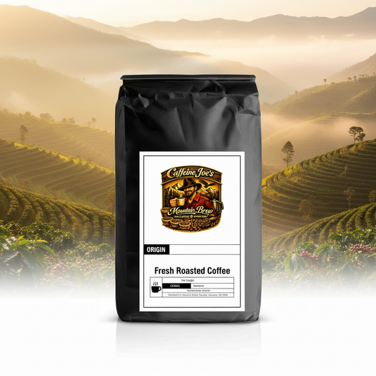 Peru coffee bag in a misty Andean terraced hillside scene with minimal sky