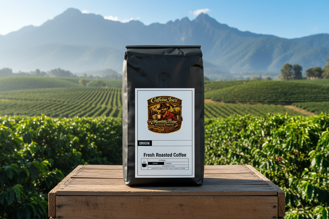 Breakfast Blend coffee bag against a lush coffee farm with rolling hills