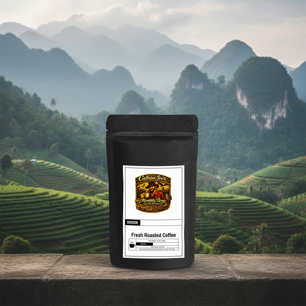 Asian Plateau Blend coffee bag against misty Southeast Asian highland landscape
