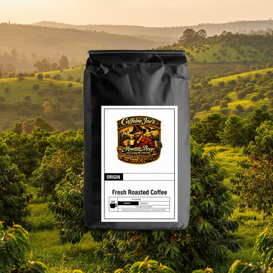 Ethiopia Natural coffee bag in a lush Ethiopian highland scene