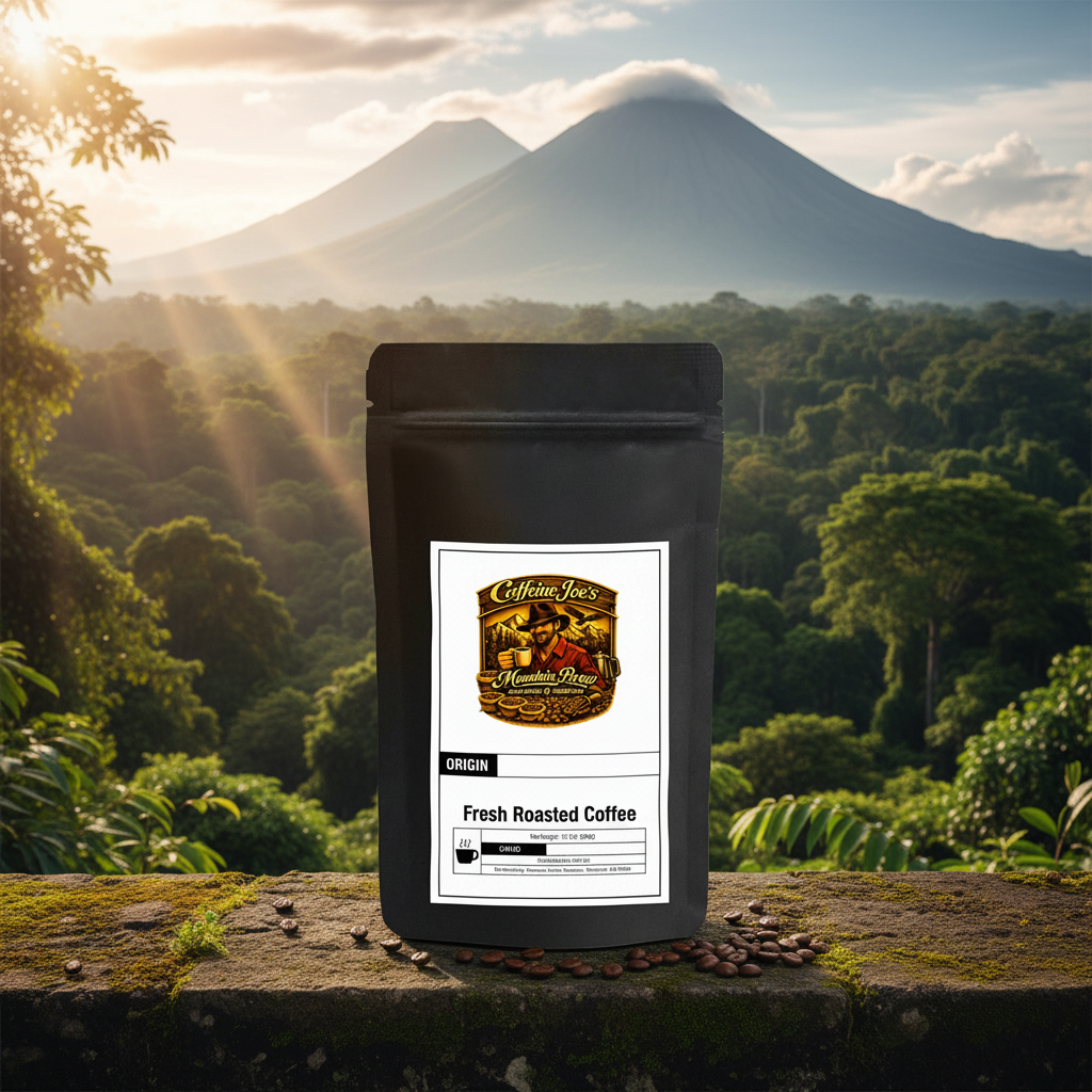 Latin American Blend coffee bag against a Central American rainforest and volcanic highland landscape