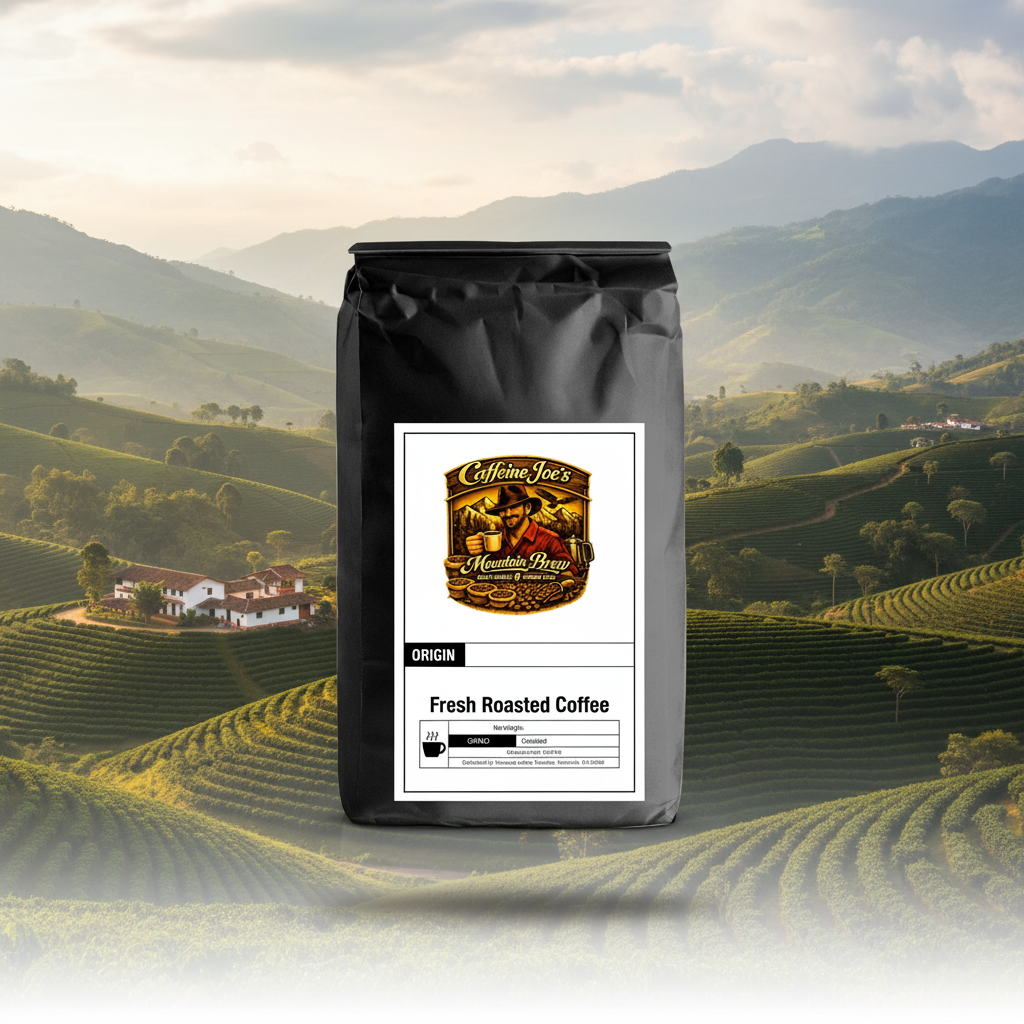 Colombia coffee bag with Andes mountain coffee farm backdrop