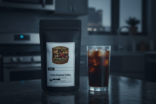 Cold Brew Coffee bag against cool dark moody kitchen with ice and condensation