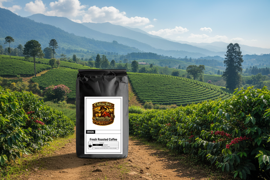 6 Bean Blend coffee bag against a lush coffee farm with rolling hills