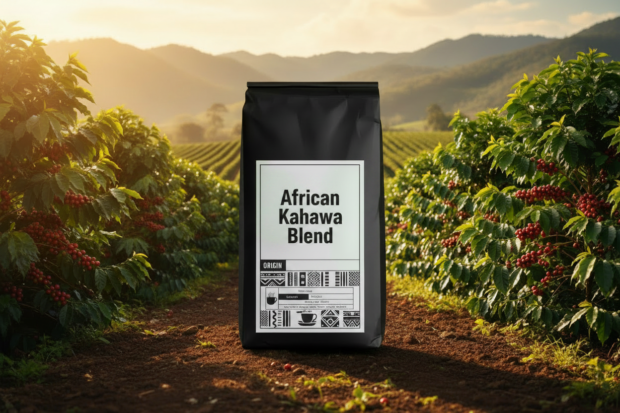 African Kahawa Blend coffee bag with coffee farm and high rolling hills background