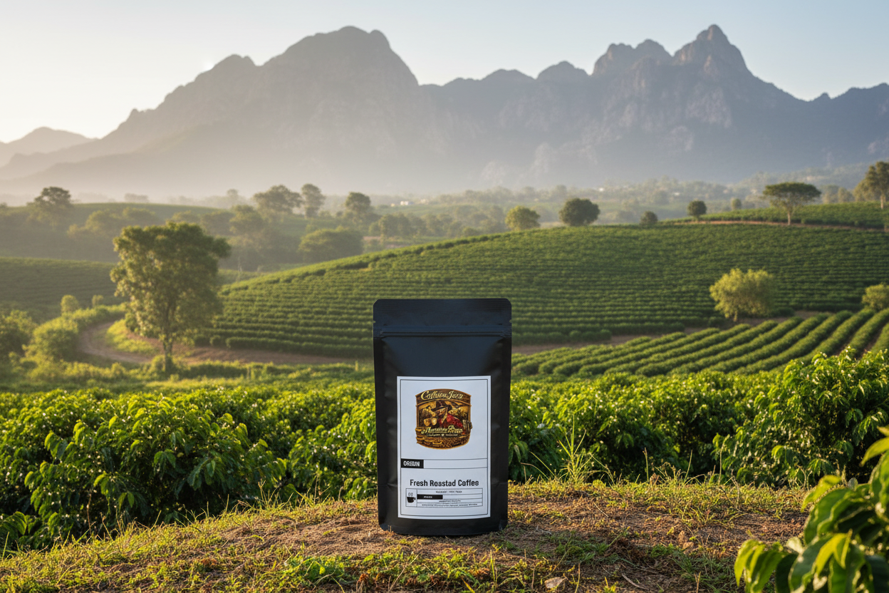 Asian Plateau Blend coffee bag against a lush coffee farm with rolling hills
